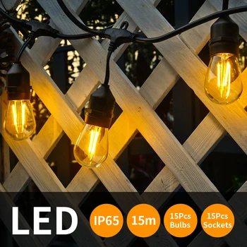 15M 15 Izzók Kereskedelmi Minőségű Vízálló Kültéri S14 LED String Fények E27 Izzó Csatlakoztatható Girland Garden Holiday LED Világítás