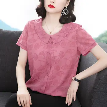 2021 Anya nyári stílus rövid ujjú szatén ing külföldi stílus o-nyak koreai nyomtatás divat pulóver ing, női blúz