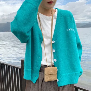 3 színben koreai stílus Nők Őszi v-nyak breif levelet kötött kardigán Pulóver kabát Női Outwear hosszú ujjú Kötött felsők (F1451