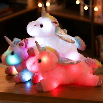 37cm Aranyos Izzó Egyszarvú Plüss Játékok Aranyos LED Világító Párnával Kitömött Állatok Puha Játék Unicorn Babák Játékok Lányoknak Ajándék