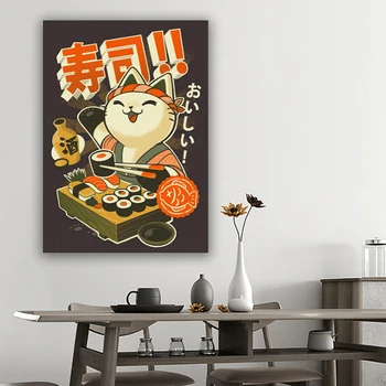 A japán Sushi Macska Szakács Nosztalgia Home Dekor Art Dekor HD minőségű Rajzfilm Festmény állat plakátok vászon festmény
