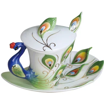 A legújabb 3D-s porcelán Páva Kávés Bögre Tea csésze Csészealj kerámia bögre Kanállal Tetejét vizes palackok Reggeli Tej csésze Ajándék