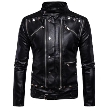 AOWOFS Új divat motoros motoros bőr kabát Multi-cipzárral Fekete Férfi bőr kabát kabát jaqueta de couro masculina 5XL