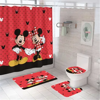 Az Új Disney Mickey Minnie Mouse Nyomtatása Zuhanyzó Függöny, Szőnyeg Fedél Wc Borító Szőnyeg Pad Meghatározott Fürdőszoba Függöny 12Hooks Haza