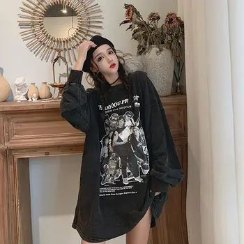 HOUZHOU Harajuku Évjárat Szürke Női Póló Y2K Grunge Esztétikai Hosszú Ujjú Póló Streetwear Női Pulóver E Lány Túlméretezett