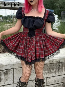 InsDoit Lolita Stílus, Gótikus Fekete Fűző Ruha Női Kockás Harajuku Vintage Csipke Csipke Mini Ruha Patchwork Punk Vonal Ruha