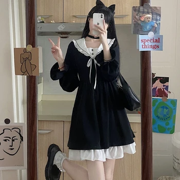 Kis Aranyos, Laza Stílusban a Fekete Ruha Japán Egyetemi Stílust Lolita Haditengerészet Gallér, Hosszú Ujjú Ruha, Női Tavaszi, Őszi