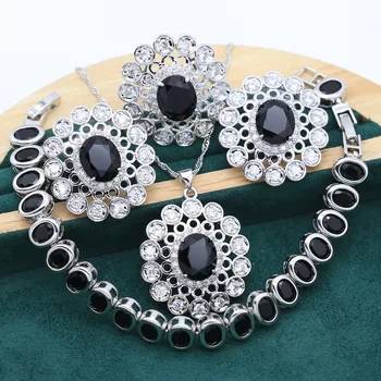Luxus Fekete Topáz Ezüst Ékszer Szett Nők számára Születésnap Karkötő, Fülbevaló Nyaklánc Gyűrű Esküvői Karácsonyi Ajándék Doboz