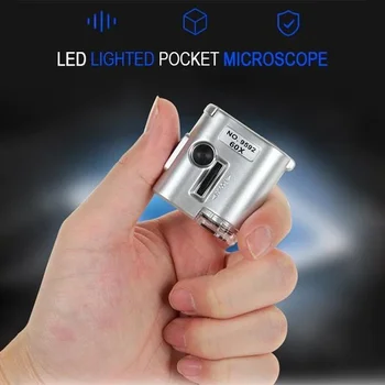 Mintiml LED Égő Pocket Mini Mikroszkóp Objektív 60X Nagyítás Ultraibolya Ékszerek Oktatás Focus Állítható Üveg Nagyítólencse Currenc