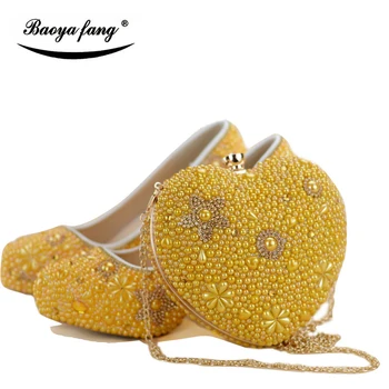 Női esküvői cipő, megfelelő táskák sárga Gyöngy, menyasszony, party ruha, cipő táska szett magassarkú platform cipő, Női cipő