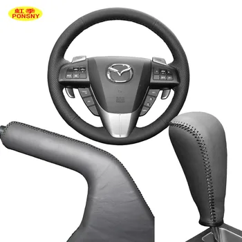PONSNY Autó Felszerelés/Kézifék/Kormányzás Valódi Bőr Fedi az Esetben a Mazda 3 2011-2015 Kézzel varrott Borító