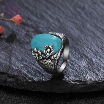 Retro Virág Sterling Ezüst Gyűrű 925 11*17MM Természetes Türkiz Holdkő Gyűrű Női Ajándék, Finom Ékszerek Nagykereskedelmi