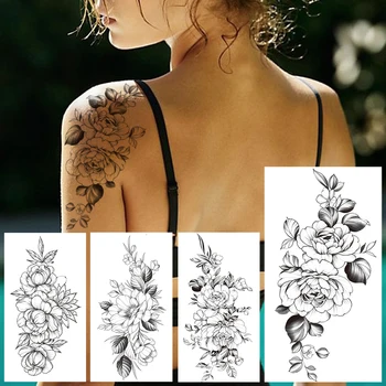 Reális Jázmin Ideiglenes Tetoválás A Nők DIY Krizantém Virág Hamis Tetoválás Body Art Váll Sweatpea Levél Tetoválás Rajz