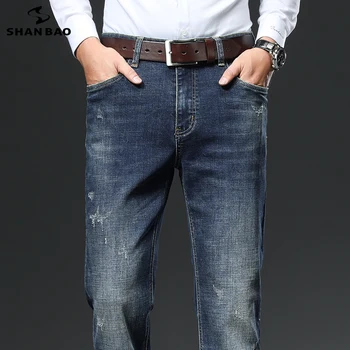 SHAN BAO 2021 őszi-téli márka magas minőségű stretch-fit straight-lábát farmer klasszikus stílusú férfi üzleti alkalmi farmer