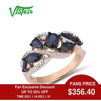 VISTOSO Arany Gyűrű Női Valódi 14K 585 Rose Arany Gyűrű Levelek Fényes Gyémánt Kék Zafír, Esküvő, Eljegyzés, Finom Ékszerek