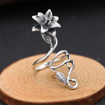 Valódi 925 Sterling Ezüst Thai Ezüst Ékszerek Népszerű Virág-Retro Személyiség Nyitó Rózsa Gyűrű A Nők