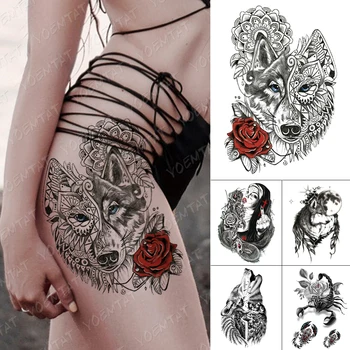 Vízálló Ideiglenes Tetoválás Matrica Farkas Totem Szexi Rose Flash Tetoválás Mandala Henna Csipke Body Art Kar Hamis Tetoválás A Nők, Férfiak