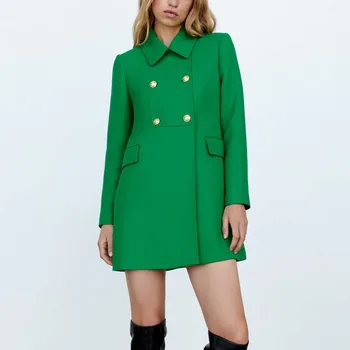 Za Nők 2021 Új Divat Zöld Dupla Mellű, Vékony Kabát Kabát Vintage Hosszú Ujjú Zsebek, Női Felsőruházat, Elegáns Árok