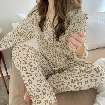 koreai édes aranyos pizsama szett tiszta pamut ins szexi nyomtatás leopárd hálóruházat ruha esti ruha női homewear nadrág rózsaszín L795