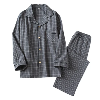 Új, egyszerű kockás, 100% pamut pizsama szett férfi hálóruházat őszi Japán tiszta pamut alkalmi férfi hosszú ujjú pizsama férfi