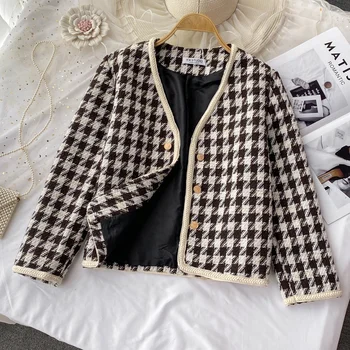 Őszi Téli Houndstooth Minta Vintage Tweed Kabát Kabát Női Kis Illat Koreai Gyapjú Kabát Elegáns Rövid Felsőruházat Crop Top